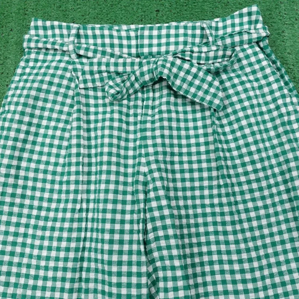 Banana Republic‎ Pants Womens 2 Green Gingham Paperbag Crop Twill Belted Linen